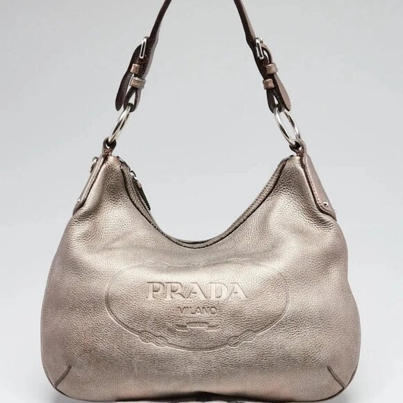 Prada Pewter Vitello Daino Leather Zip Top Hobo Bag - Picture 1 of 12
